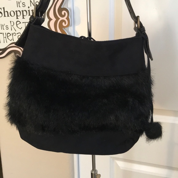 Faux Suede and Fur Black Satchel - Picture 7 of 9